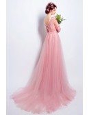 Romantic A-line V-neck Sweep Train Tulle Wedding Dress With Flowers