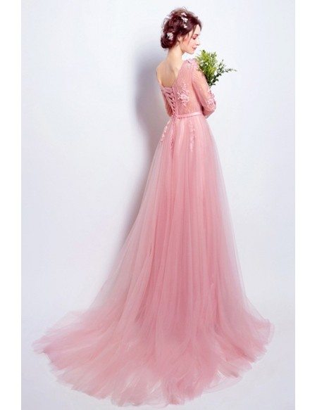 Romantic A-line V-neck Sweep Train Tulle Wedding Dress With Flowers
