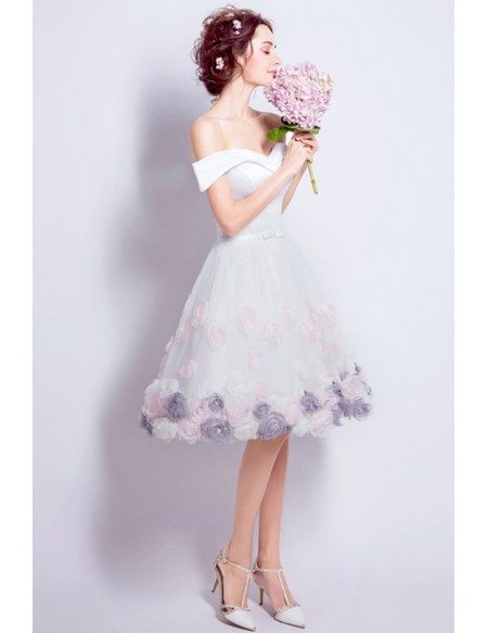 Lovely A-line Off-the-shoulder Knee-length Satin Wedding Dress With Flowers