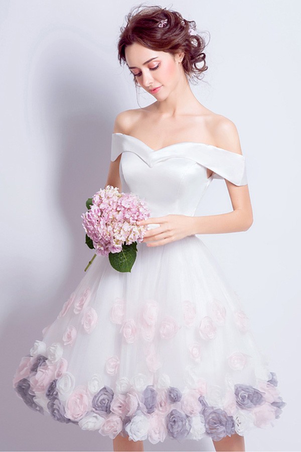 Off the Shoulder Floral Tulle Short Knee Length Wedding Guest Dresses main image 1