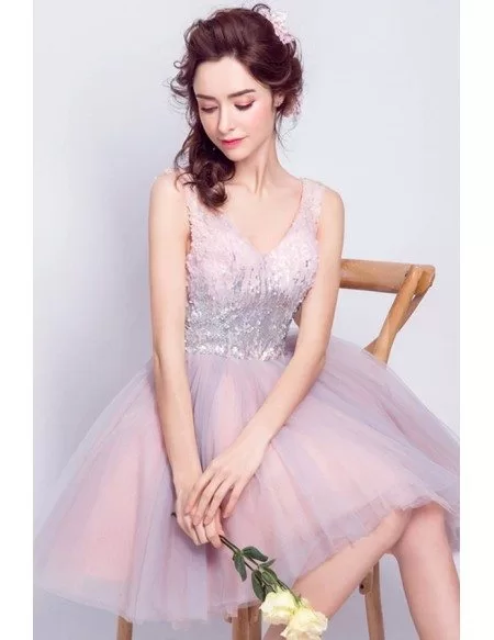 Blush Ball-gown V-neck Short Tulle Formal Dress With Sequins