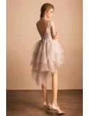 Grey A-line Scoop Neck High Low Tulle Formal Dress With Open Back