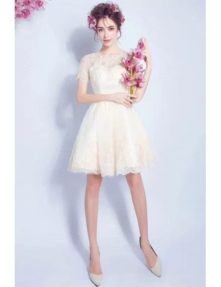 Champagne A-line High Neck Short Tulle Wedding Dress With Appliques Lace