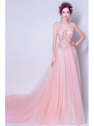 Romantic A-line V-neck Court Train Tulle Wedding Dress With Beading