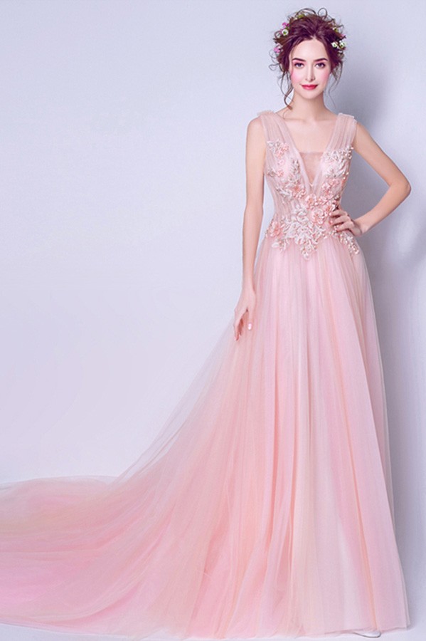 A-line V-neck Short Sleeves Hand-Made Flower Court Train Tulle Wedding Dress
