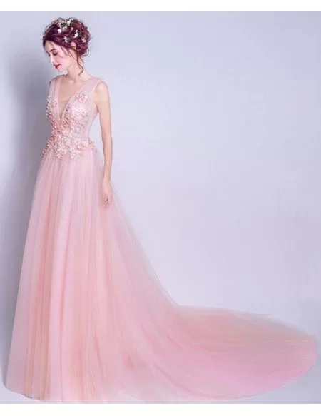 Romantic A-line V-neck Court Train Tulle Wedding Dress With Beading