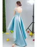 Blue Ball-gown Scoop Neck High Low Satin Formal Dress With Appliques Lace