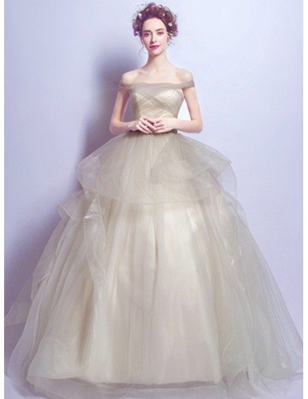 Champagne Ball-gown Off-the-shoulder Floor-length Tulle Wedding Dress