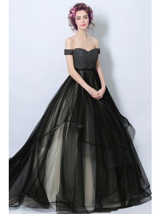 Black Ball-gown Off-the-shoulder Court Train Tulle Wedding Dress