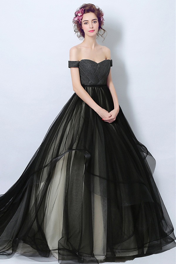 Black Ball-gown Off-the-shoulder Court Train Tulle Wedding Dress #TJ080 ...