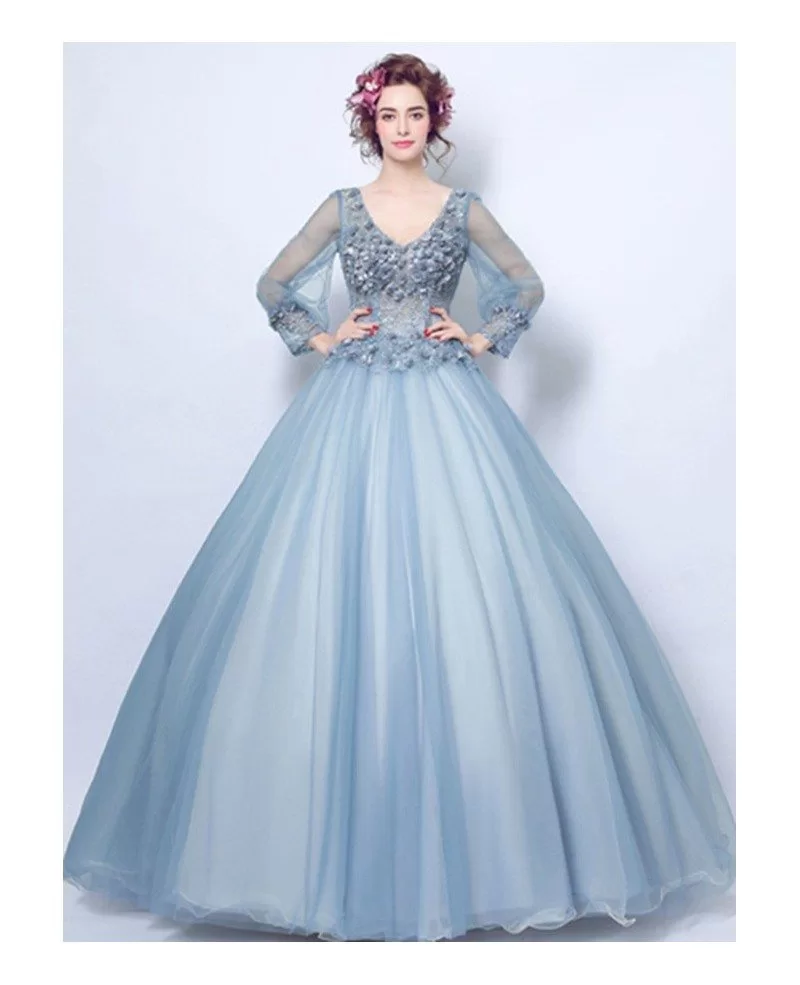 Dusty Blue Ball gown V neck Floor length Tulle Wedding Dress With Long Sleeves TJ084 199