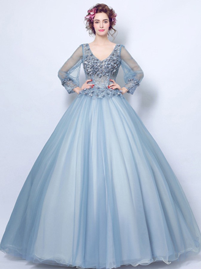 Dusty Blue Ball-gown V-neck Floor-length Tulle Wedding Dress With Long ...