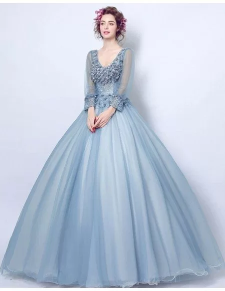 Dusty Blue Ball-gown V-neck Floor-length Tulle Wedding Dress With Long Sleeves