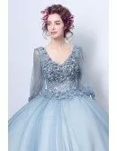 Dusty Blue Ball-gown V-neck Floor-length Tulle Wedding Dress With Long Sleeves