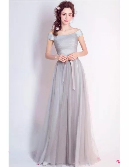 Simple A Line Off The Shoulder Floor Length Tulle Bridesmaid Dress