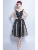 Vintage A-line V-neck Tea-length Tulle Prom Dress With Appliques Lace