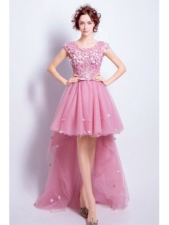 Pink A-line Scoop Neck High Low Tulle Prom Dress With Appliques Lace