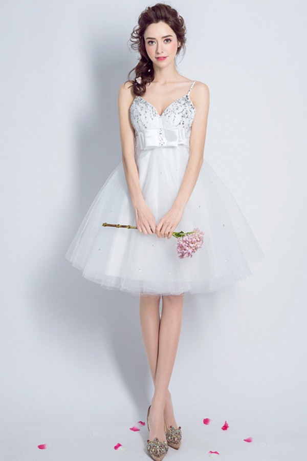 Sexy A-line V-neck Short Tulle Prom Dress With Beading #TJ088 $99 ...