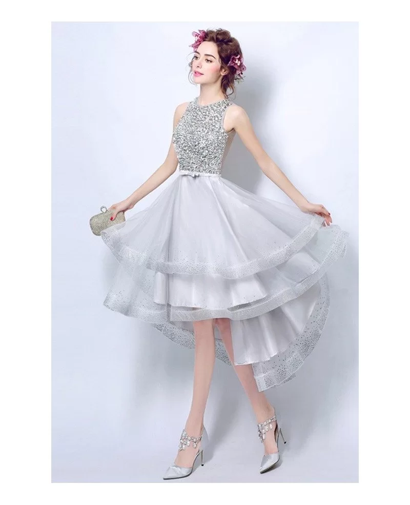 silver high low prom dress