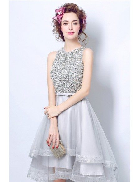 Elegant A-line High Neck High Low Tulle Formal Dress With Sequins