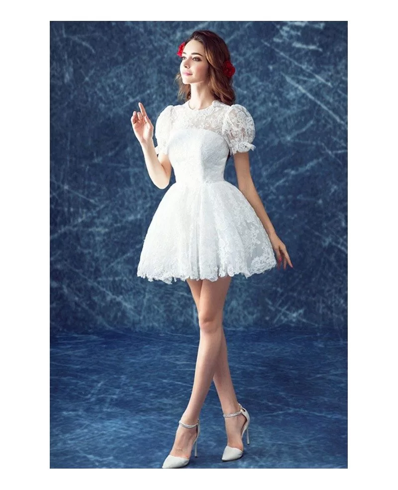 Retro Lace Short Wedding Dresses With Short Sleeves Cute High Neck ...