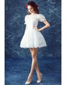 Cute Ball-gown High Neck Short Lace Wedding Dress With Short Sleeves