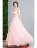 Pink Ball-gown Off-the-shoulder Floor-length Tulle Wedding Dress With Beading