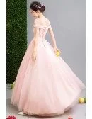 Pink Ball-gown Off-the-shoulder Floor-length Tulle Wedding Dress With Beading