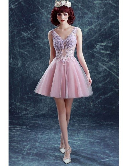 Pink A-line V-neck Short Tulle Formal Dress With Flowers