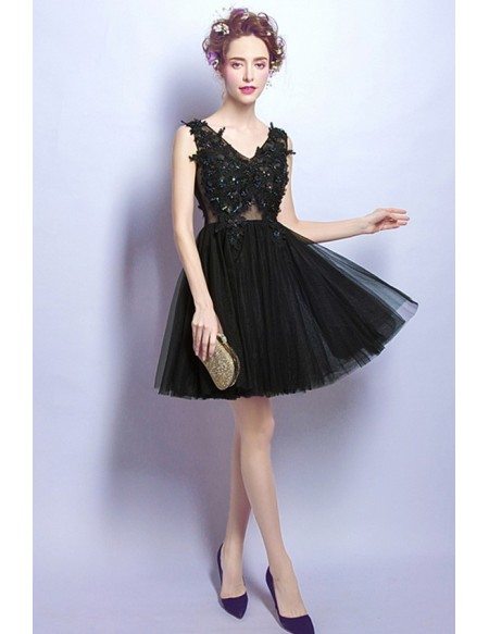 Black A-line V-neck Short Tulle Formal Dress With Beading