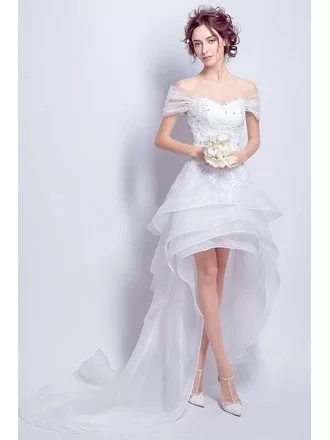 Sexy A-line Off-the-shoulder High Low Tulle Wedding Dress With Lace
