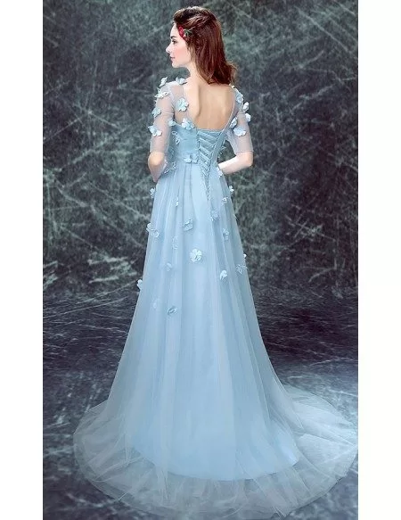 Blue A-line Scoop Neck Sweep Train Tulle Wedding Dress With Sleeves