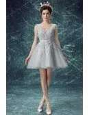 Grey A-line V-neck Short Tulle Formal Dress With Appliques Lace