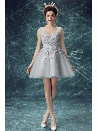 Grey A-line V-neck Short Tulle Formal Dress With Appliques Lace