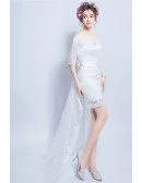 Sexy Sheath Off-the-shoulder High Low Lace Wedding Dress With Sleeves