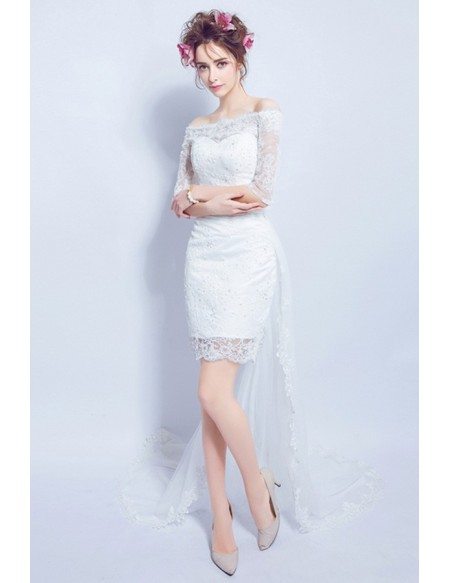 Sexy Sheath Off-the-shoulder High Low Lace Wedding Dress With Sleeves