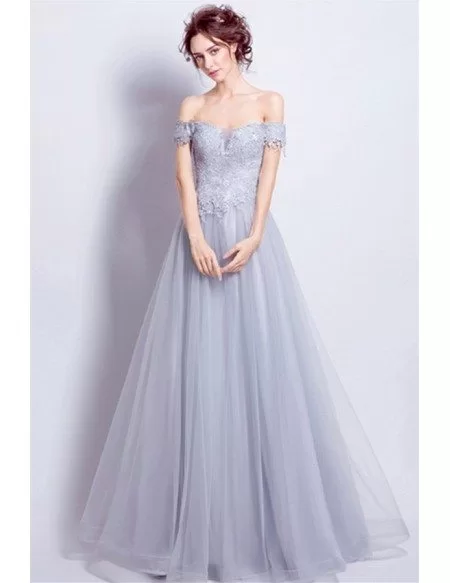 Grey A-line Off-the-shoulder Floor-length Tulle Wedding Dress With Appliques Lace