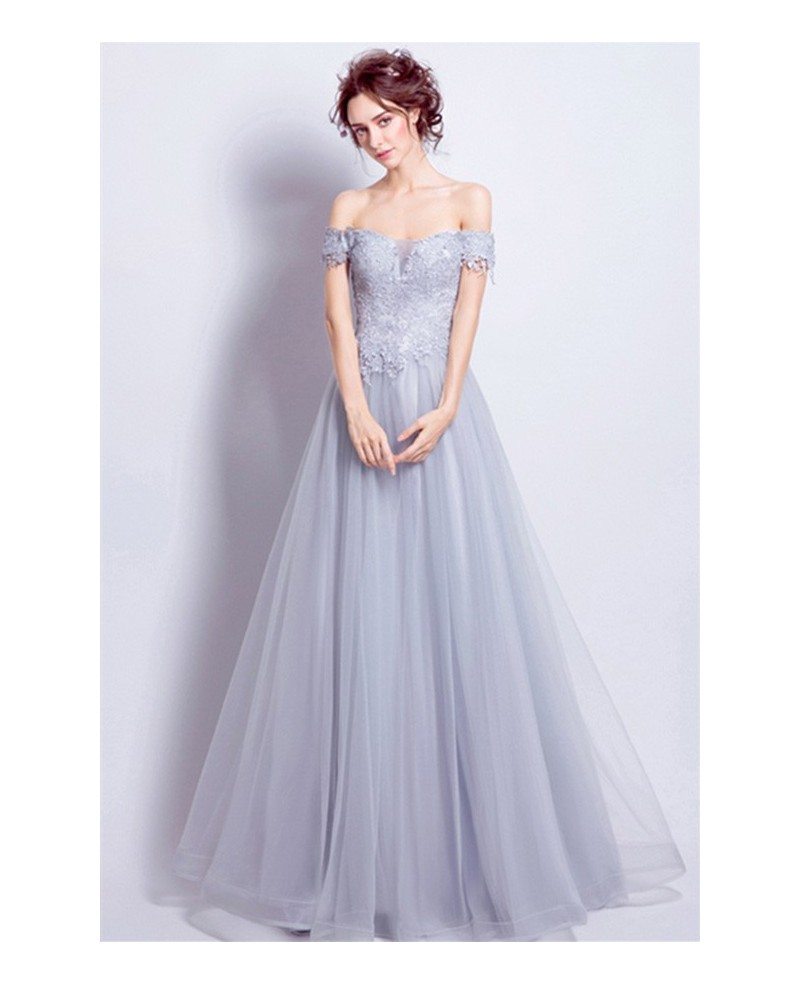 Grey A-line Off-the-shoulder Floor-length Tulle Wedding Dress With ...