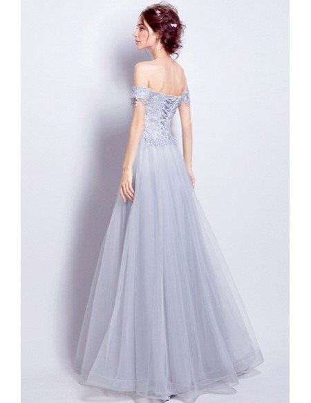 Grey A-line Off-the-shoulder Floor-length Tulle Wedding Dress With Appliques Lace