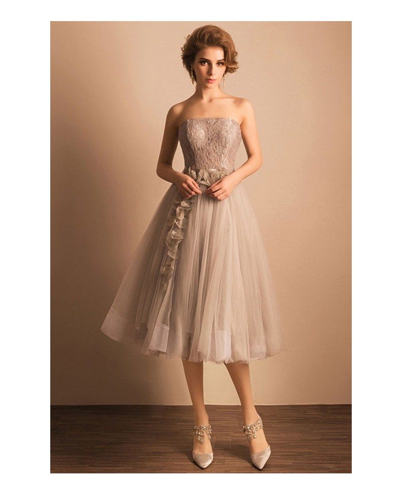 Retro Tea Length Wedding Dresses Tulle Strapless A Line Style With Lace