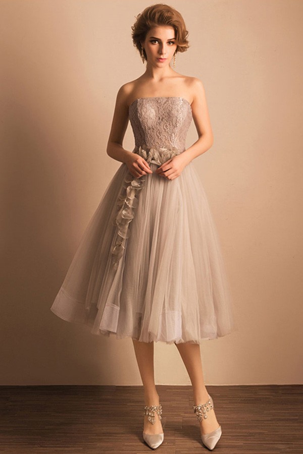 Retro Tea Length Wedding Dresses Tulle Strapless A Line Style With Lace ...