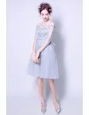 Grey A-line Off-the-shoulder Knee-length Tulle Wedding Dress With Appliques Lace