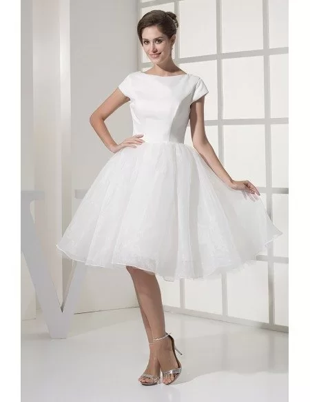 Simple Modest Ballroom Short Sleeved White Wedding Gown in Satin and Organza