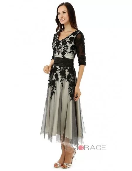 A-line V-neck Tea-length the Mother of the Prom Dress with Lace