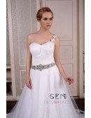 Ball-Gown One Shoulder Chaple Train Tulle Wedding Dress With Beading Appliquer Lace