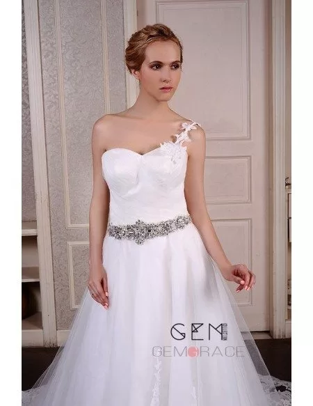 Ball-Gown One Shoulder Chaple Train Tulle Wedding Dress With Beading Appliquer Lace