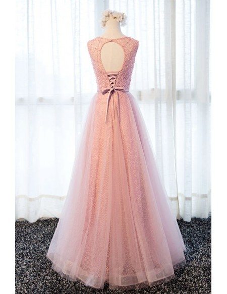 Romantic A-line Scoop Neck Floor-length Tulle Prom Dress With Beading