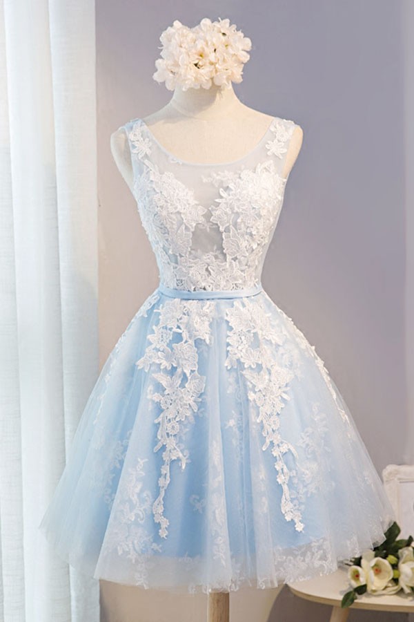 Blue Short Tulle Homecoming Dresses Corset A-line Scoop Neck With Appliques  Lace #MD004 $118.99 - GemGrace.com