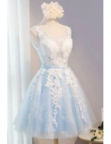 Blue A-line Scoop Neck Short Tulle Homecoming Dress With Appliques Lace