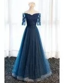 Glamour A-line Off-the-shoulder Floor-length Tulle Prom Dress With Appliques Lace